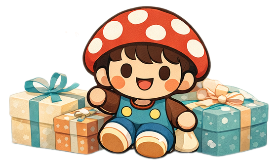 Mascot nhàNấm ngồi cạnh các hộp quà trên nền pastel